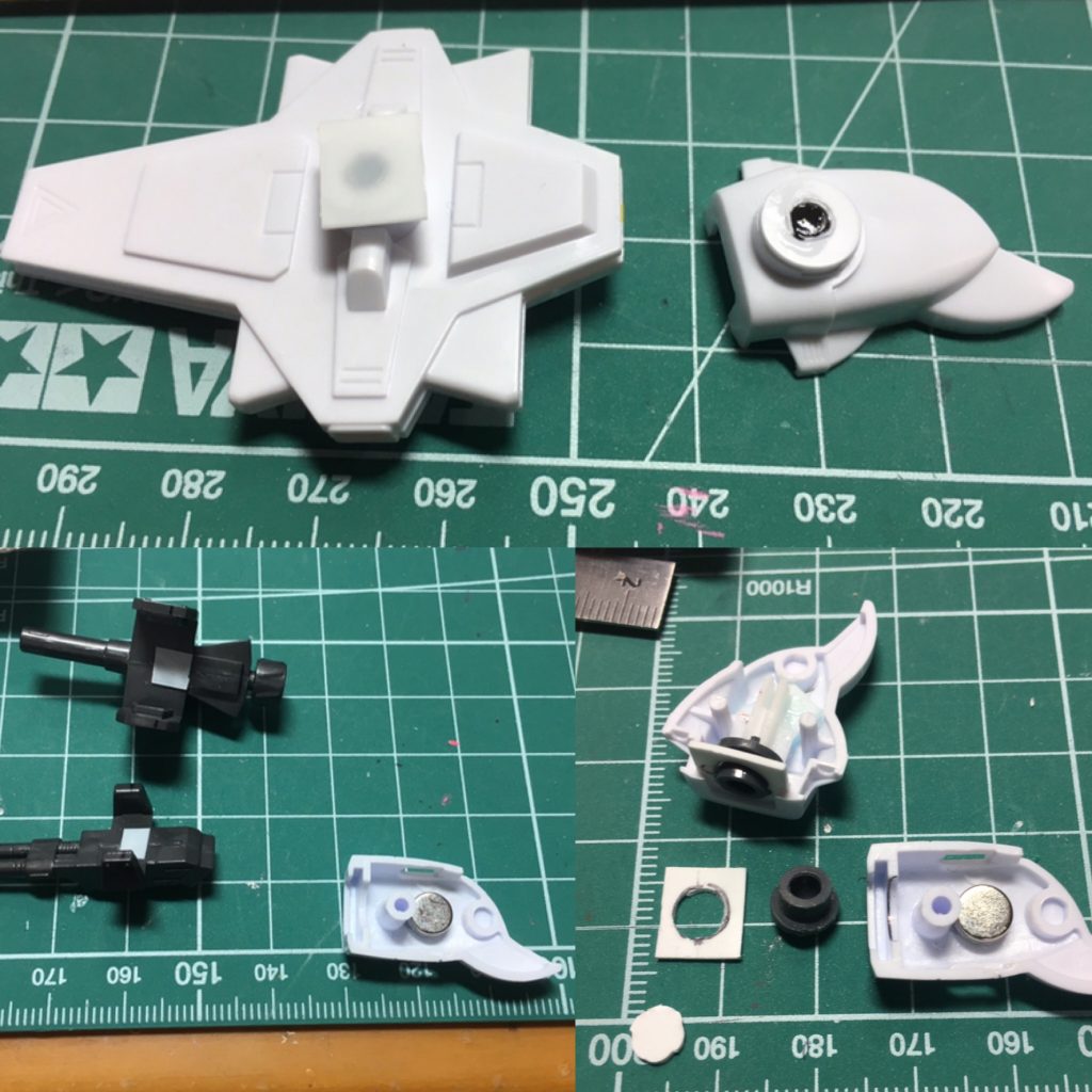 左右前腕とビーム・スプレーガン、グレネードランチャー、ビーム・シールドに磁石を仕込んでいます。右腕は磁石の厚みがどうしても関節に干渉したため、やむなく0.5mm幅増ししたうえ、フレームも外側を斜めに削りました。
 左右手首も悩み抜いた挙句、ジャンクの平たいポリキャップを使い、穴を開けたプラ板に差し込んでいます。0.75mmプラ板を元のポリキャップ受けに差して、内径をトレース。その線に沿ってくりぬき、ポリキャップをセットします。