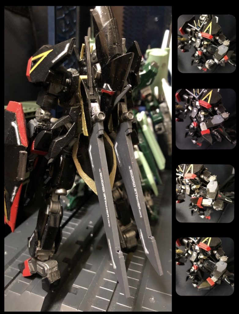 oyz「背面は殆どガイアのパーツだぞ。MA機首部分、羽根、スカートなど、どう見てもガイアだな。」
スティング「じゃああんまり改造してないんだな。」
oyz「サイドスカート内部はスカスカだったのでディテールは追加したぞ。あとはやっぱ腕部は大きく改造したな。キットではMA状態にするには差し替え式だったが、そこは差し替え無しの完全変形にしたぞ。一度引き出して回転させて収納する。その為手首パーツを小型の物に変えてある。」
ステラ「ネオ、すごいね…。」
oyz「まー腕は前回やってあった改造なんだけどね。ちょっと写真を追加したぞ。」
スティング「改造は以上!だな。」