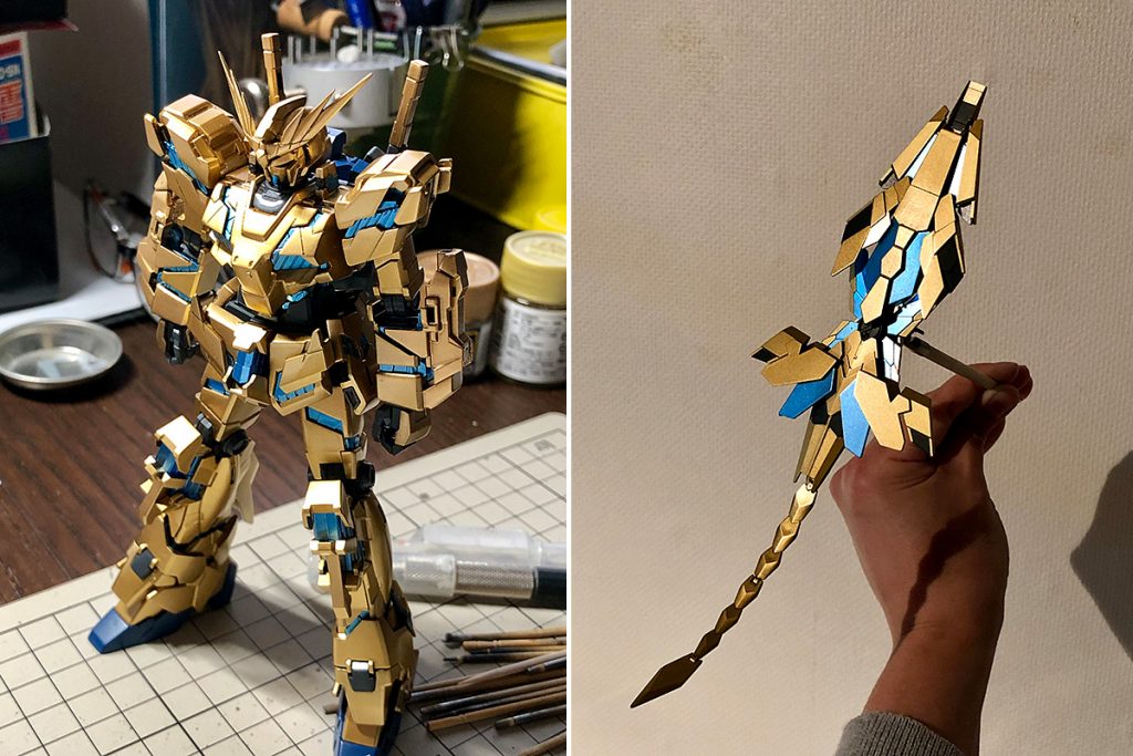 サイコフレームはクリアパーツに直接ガイアEXシルバーとGXメタルブルーを混ぜたものを吹きました。(この後ゴールドの上に半光沢クリアを吹いたところ、塗面を侵して悲惨なことになりました・・・)