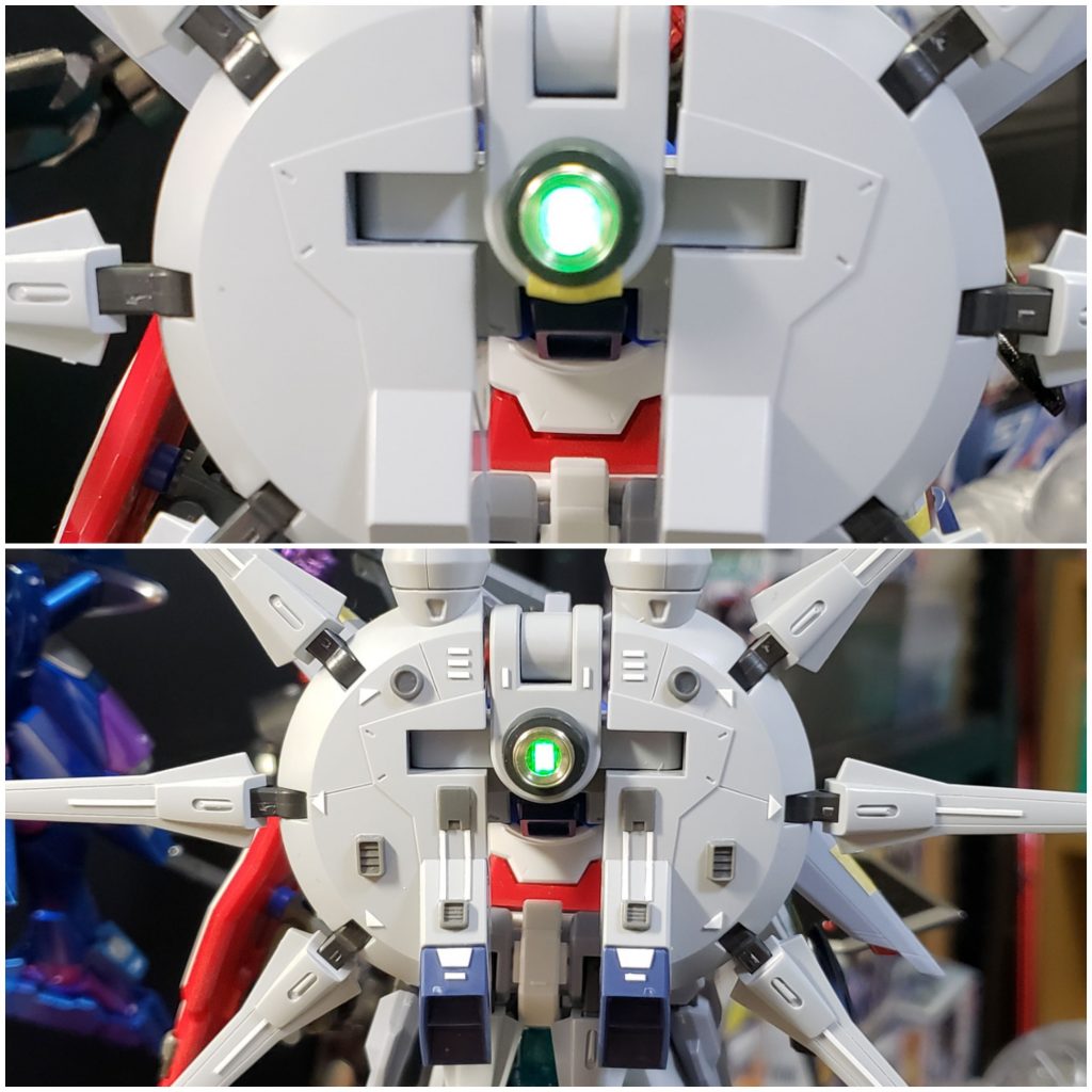 ディテールを追加する前と後の写真。
プラットフォームに色々掘ったり貼ったりは簡単でしたがドラグーン一機一機にスジ掘りとプラ板でディテール追加するのはとても疲れました…