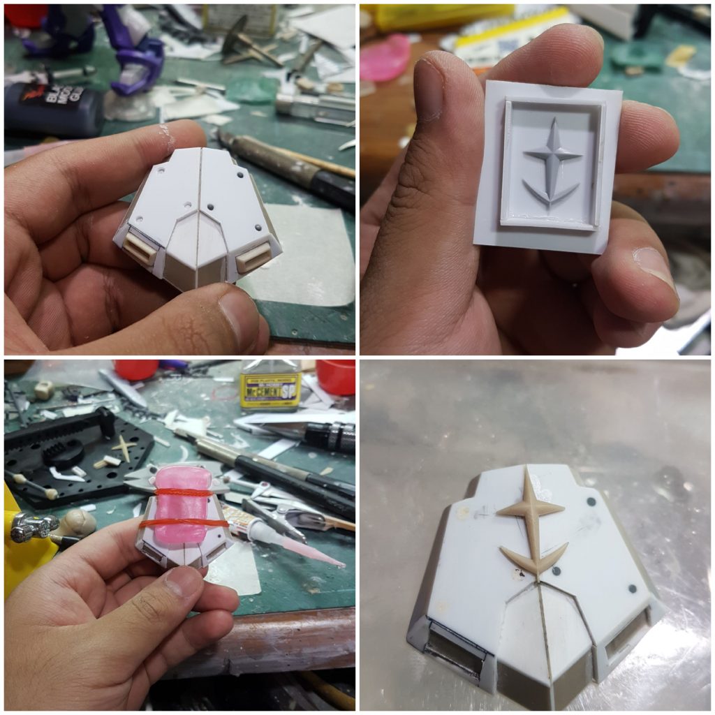 連邦のマークの付け方です。
まんまと使うとプラがおったり望んでない形になるので
一旦おゆうまるで型をつくってスタンピングのようにエポパテで作りました