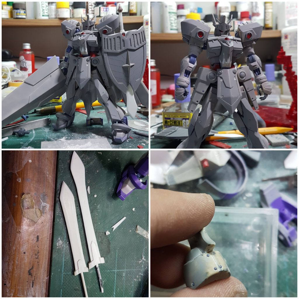 だいたいはプラ板やエポパテで騎士ガンダムぽく鎧や盾、剣、槍、マントは以上の素材でスクラッチしました。