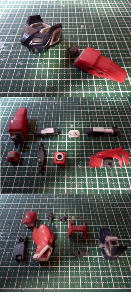 腕の伸びる部分は長さが足りないので引き出し機構を自作。関節部分の大型ポリキャップはプラ板で自作したパーツに差し替え。アンカーなど爪の位置が変わるので、ロボット魂を参考に、WEB7.5ミリのプラパイプを利用してひじから下の腕が回転するように分割加工。ビルドナックルに差し替え。
肩はZガンダムの関節部分を移植して引き出し機構を移植。
足もビルドバーニング系の関節を移植。太ももの太さを1.2ミリ拡張。脛より下を3.5ミリ延長。アンクルガードと脛を分割。足の裏にモールドを追加。