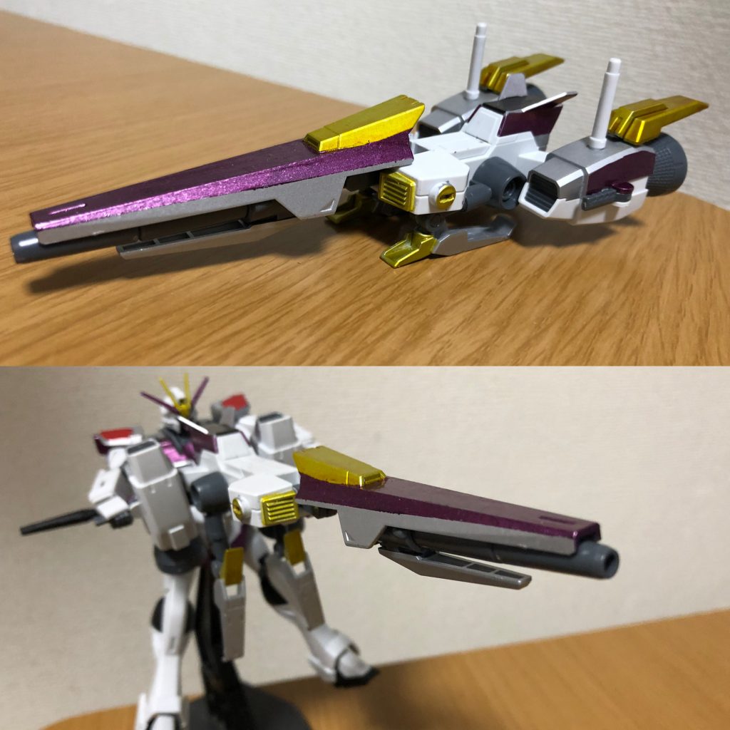 メイン武装はイカヅチシルエット！
シルエットフライヤー無しで分離可能なメガランチャー、ビームサーベルも装備。
デンライナーイカヅチをイメージしてメタリックパープル、ゴールド、シルバーで塗装しました。