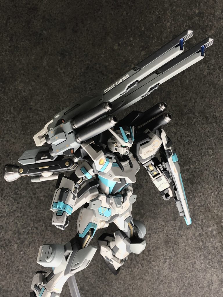 ・ガンディーヴァ 高エネルギープラズマビーム砲 GAT-X131カラミティのシュラークから発展したもので、長距離からの狙撃による先制攻撃が可能である。通常は砲身の冷却のため左右に合わせて2門搭載し交互に使用する。・ケーツァーツヴァイ改 2連装ビームガン こちらもカラミティが装備していた武装の発展型で、主に対空・後方用の武装。特に宇宙空間で360°全方位の敵に対応するための装備であるが正面の目標に照準できないのが欠点。
