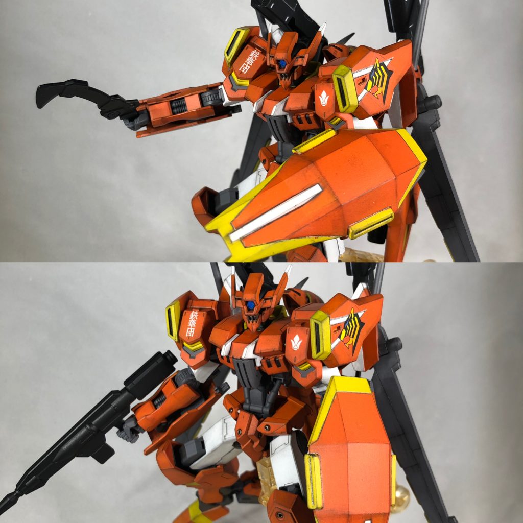 装備各種。
あくまでも鉄血世界なのでオリジナル装備を採用。アサルトナイフとライフルのみ。
シールドいるかなーと思いましたが、変形後と種ポーズには必要と思い採用。
一応ビームサーベルもくっつけてあるのですがエネルギー的な問題で為使用出来ずという設定。ナノラミネートアーマーには有効では無いので…。