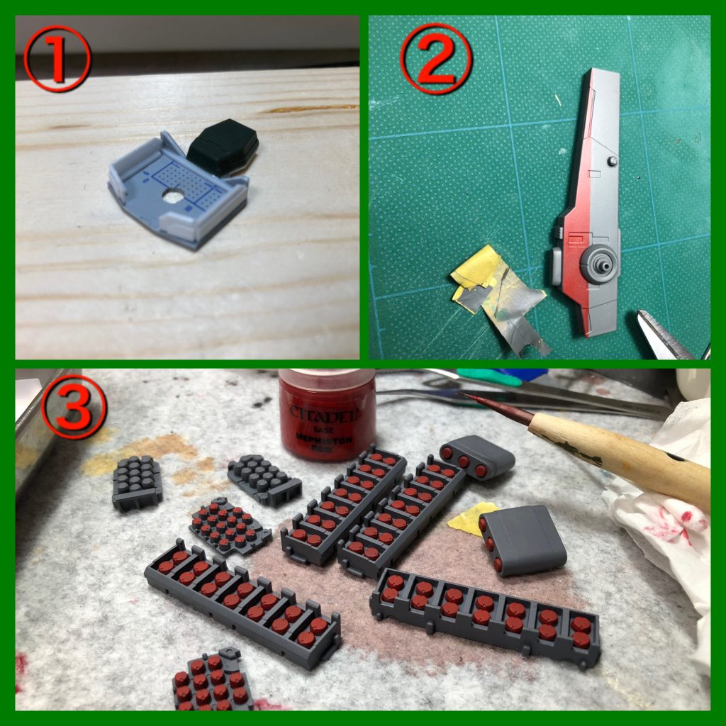 今回個人的に頑張ってみた作業です( ´∀`)
①腹巻パーツの自作
初期案の画像を見てもらうとわかるのですが下半身と上半身の接続部が異常に細くなってしまってバランスが悪かったので腰に一枚プラ板で作ったディテールを追加する事で腰部にボリュームを持たせました
②初マスキング塗装
今回は初めてマスキング塗装をやってみました今でキット自体の成型色での色分けが優秀だった為部分的に筆塗りをする程度で良かったのですがミキシングになるとそうはいかずマスキングで色分けをしなきゃ行けない箇所が出て来たのでやってみました。
直線の簡単なマスキングではありましたが良い経験になりました( ´∀`)
ps 壽屋の連装砲を見たらどうしても艦◯レ
が頭から離れずこのデザインになりましたw
(ゲームはやってません)
③筆塗り
ミサイルの一個一個筆で塗装しました
今までは色のちょい足しで筆塗りをする事が多かったのですがミサイルは奥行きが深く尚且つ細かい為マスキングが出来なかったので筆塗りで全部塗りました(´;Д;`)
またの機会があれば何か良い方法がないか探してみたいですね(´∀`)
塗料にはシタデルカラーを使用したのですがあの暗い色の上からこれだけ発色するのは驚きです(OvO)
(一度塗りです)