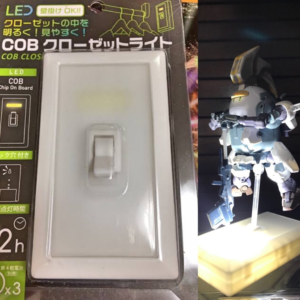 ## 台座もエレガントに劇中にある白い戦艦の上でのエレガントポーズ。あそこをイメージし、しかもアッパーライトで存在感もマシマシにです。かなりの光量なので、エレガント演出には持ってこいです!ちなみにここでもネオジム磁石が大活躍。ドーバーガンの銃口と平手の中指にネオジム磁石を仕込むことにより、ドーバーガンを保持することに成功。