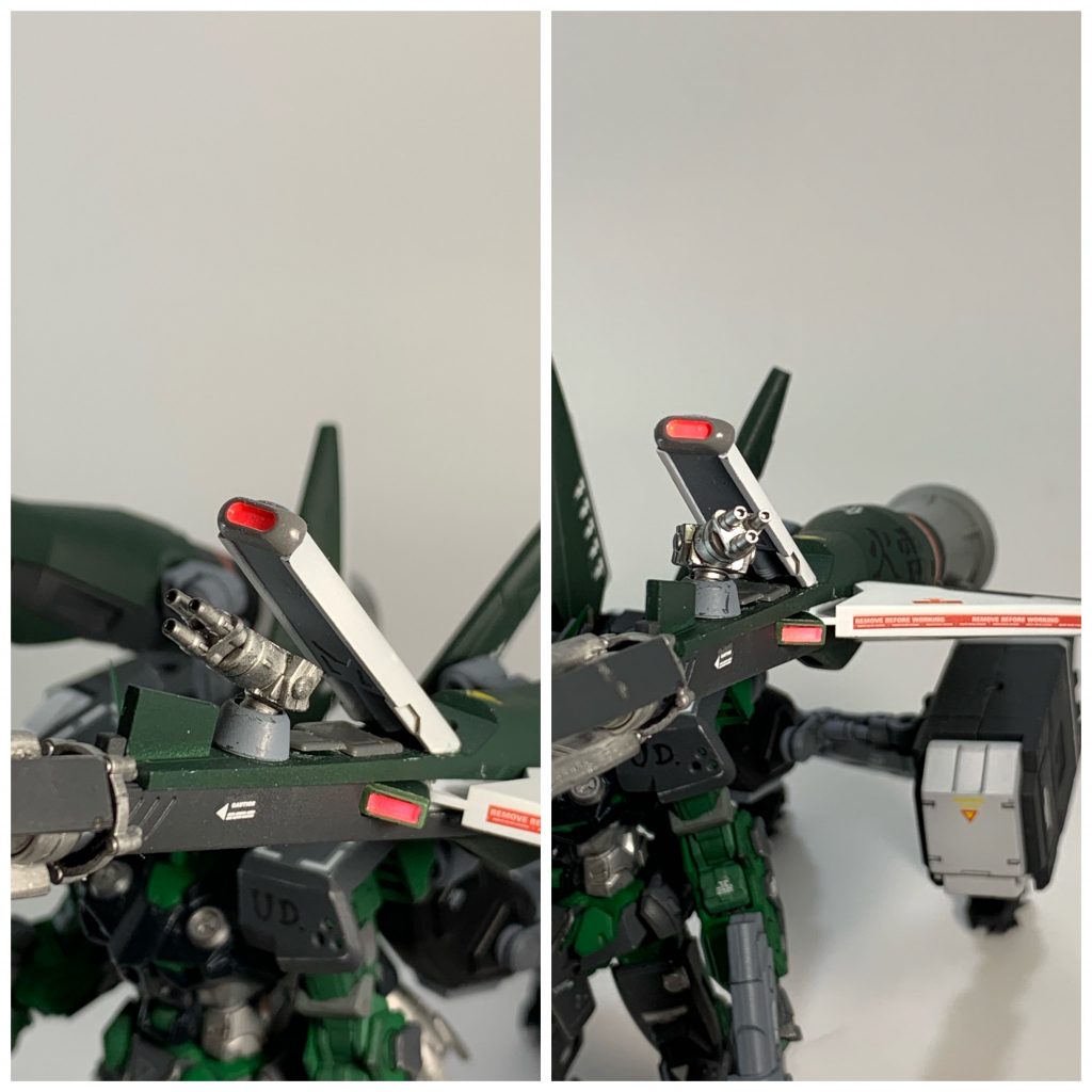 対空ガトリング:セッカ
長距離砲撃への報復として放たれたミサイルを始め、接近してくる敵機への牽制など様々な用途ができるガトリング砲。増設センサーと連動することで高い捕捉力、命中率を発揮。MSの頭部バルカンと比較すれば威力は高く、基部が回転するため射角も広く弾幕も張りやすいが、機体正面に対しては使用できないデメリットも存在する。
トリスタンを作った際に余ったガトリングを使用。根元はボールジョイント接続です。