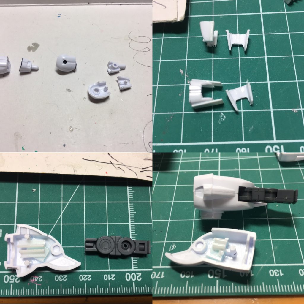 腕の関節はほぼまるっと作り直しています。
1:まずは肩関節と上腕をエッチングソーで切り離します。肩関節は底面をプラ板でふさぎ、軸を接着。
2:上腕は内部のダボを切り取り、さらに段落ちモールドで分割。各断面で1.2mmずつ幅増しし、表裏から0.4mmプラ板で補強。ノコで切った時の段差をさらにプラ板でかさ上げしています。
3,4:肘関節は毎度おなじみボールデンアームアームズから。今回は前腕内部を3mmかさ上げし、L字型プラ材でスライドレールを作り関節パーツを接続します。
しかしかさ上げし過ぎて前腕を幅増ししなければなりそうだったので、さらにレール側を加工して深く差し込めるようにしました。L字型プラ材の厚みをすっかり忘れていたため苦労しました…