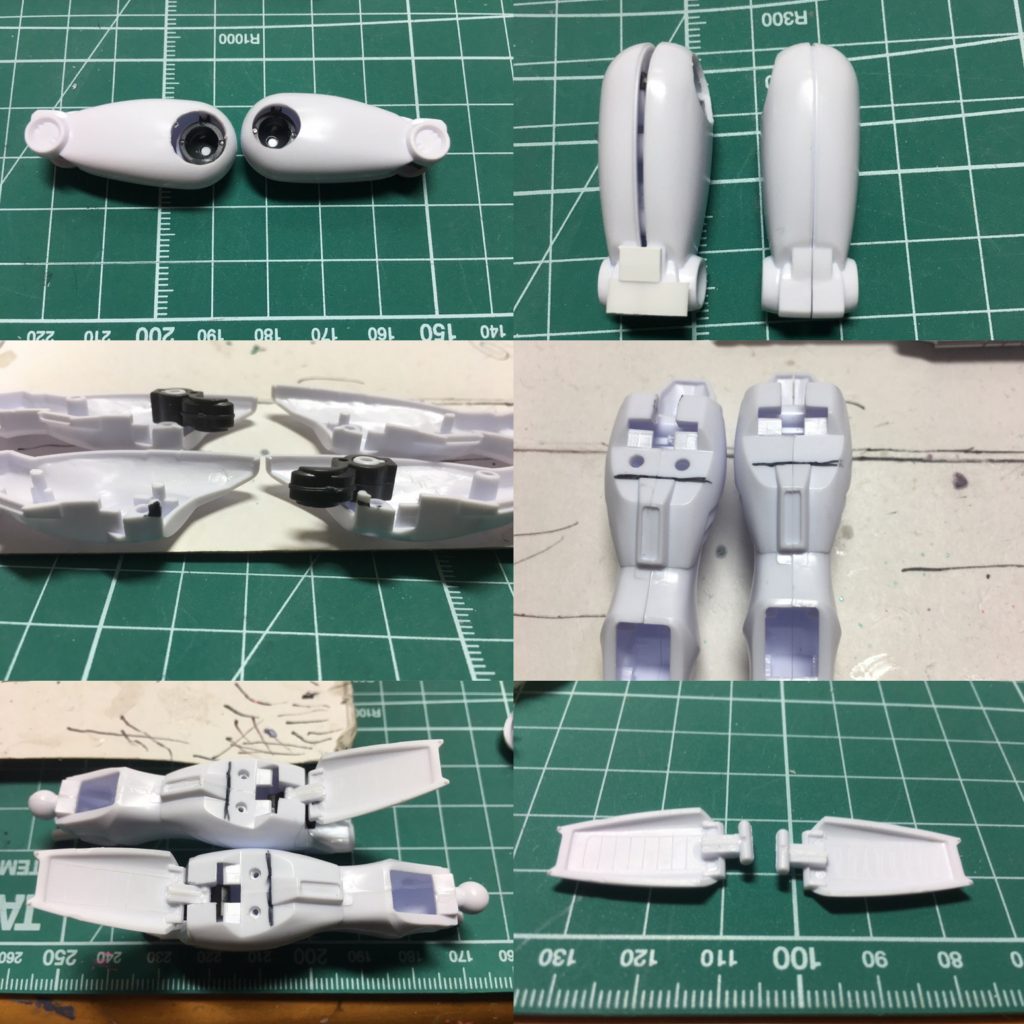 1:太腿は90年代キット特有の股関節の穴を広げました。
2:下端のフレーム状パーツに合わせ目が来るためプラ板を貼ってごまかしました。
3:膝のダクトを削り落とし、市販パーツに変更。
4,5:ふくらはぎカバー内のスラスターはシールしかないので、立体的にしました。合わせ目消しの前にまず2mmピンバイスで開口。裏から0.75mmプラ板を当てて1mmピンバイスで開口し多層構造にしました。
6:カバ―裏側は凸モールドになっていたのを凹に彫り直しています。昔の航空機モデルを作る方の気持ちが少しだけ分かりました。