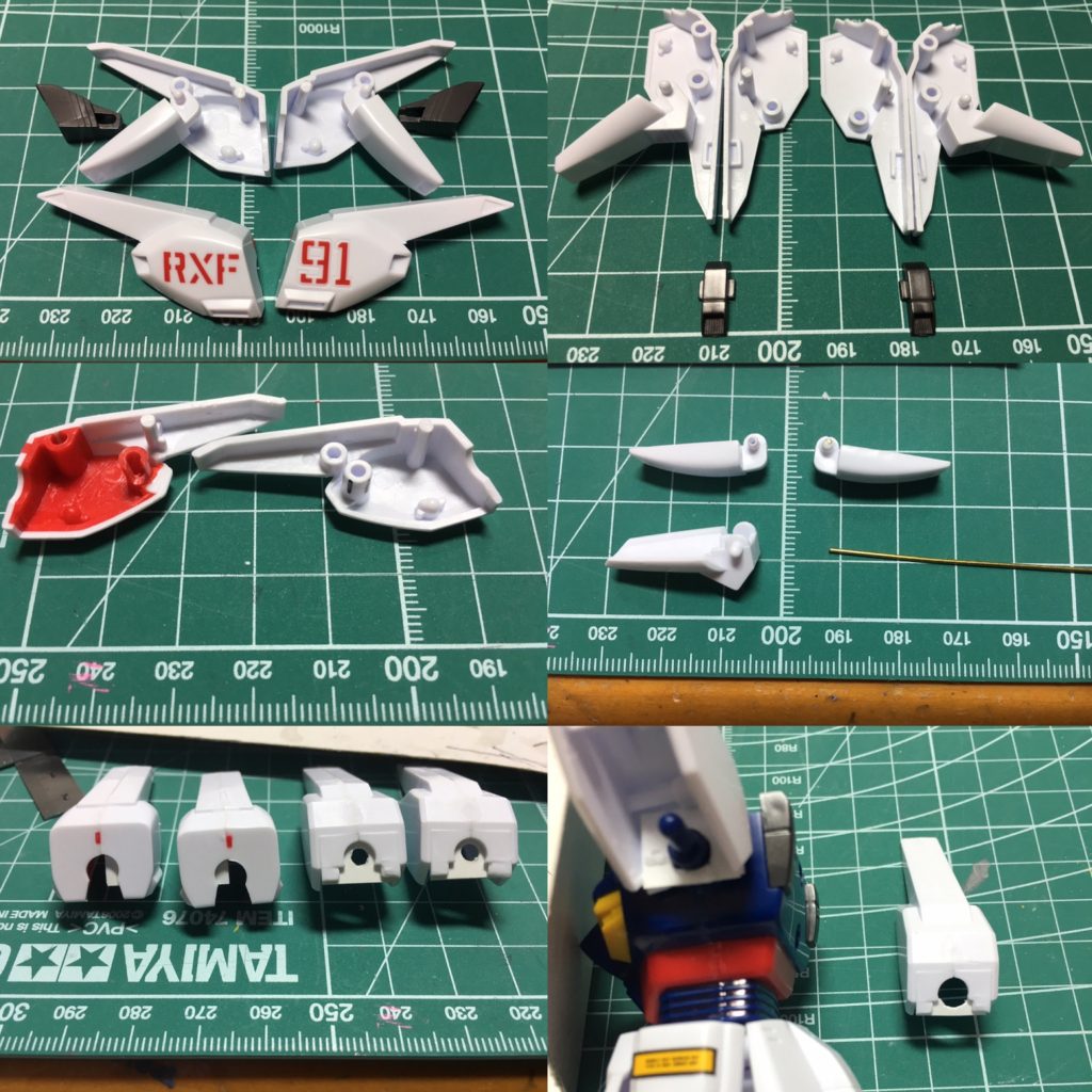 肩アーマーのバーニアとカバーは後ハメ加工しています。
1,2:ノーマルの方はバーニア側、改の方はアーマー側を加工しています。
3,5,6:肩アーマーは、元々腕側につける構造で、摩耗で垂れ下らないように独立化させます。まずは内部のダボを切り落としてフチを削り、クリアランスを確保。その後0.75mmプラ板で肩の接続部を作りました。胴体側の軸の付け根は一段太くなっているので、そちらに合わせています。
4:肩アーマーのカバーはアーマー側の受けをC字に切り欠きました。そのままではカバー側のピンが折れてしまうため、0.8mm真鍮線を通して補強しています。