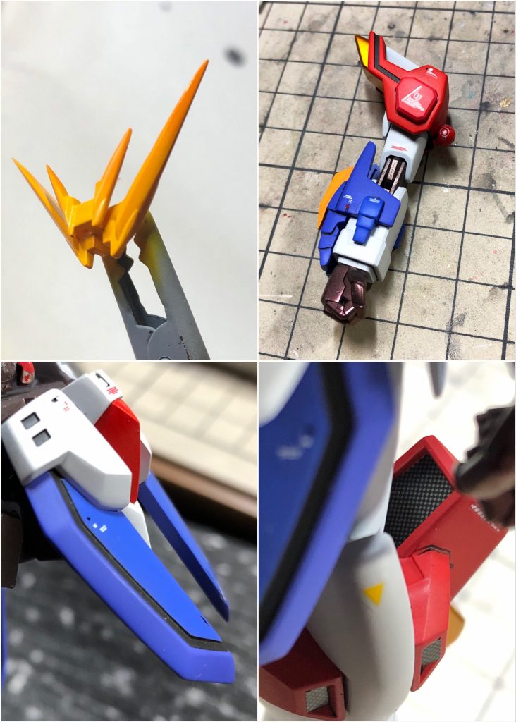 一部の細部紹介・アンテナはグラデーション塗装・腕パーツにはレッドポイントをアクセントに、関節色はオリジナルのレッドガンメタルレッドパールにしました・フロントアーマー等はツートーンのカラーモジュレーションをして色の情報量をプラス(前述より)・ダクト内部等はハセガワのカーボンフィニッシュシートを貼り付け