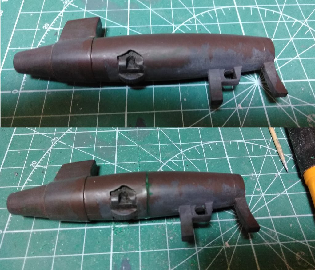 頭頂部はボール付属のキャノン砲から1/144ウォーカーギャリアのバズーカへと換装。
ちょっと長かったので、中央部分で切り詰めて短くしてあります。