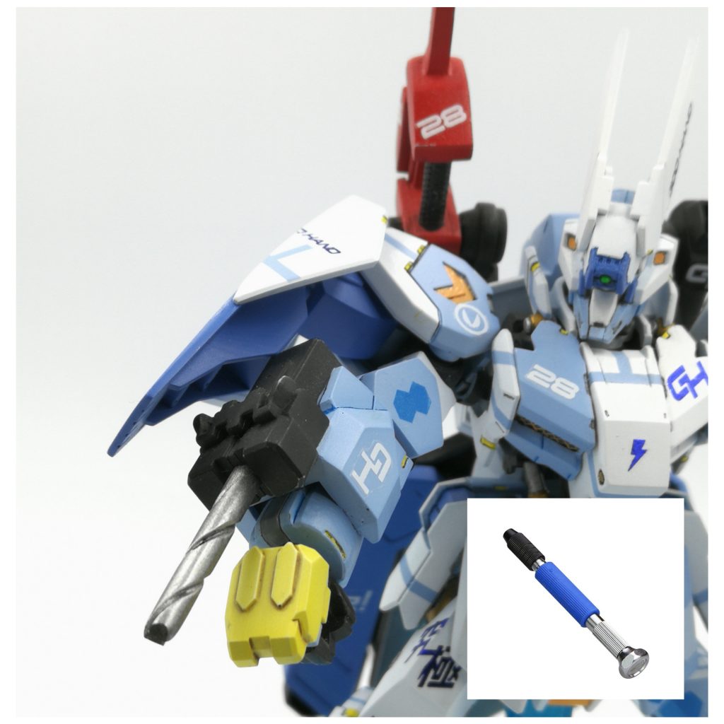 ·アームドリル
高速回転によるドリルで敵の攻撃を受け流したり、装甲を貫く事が出来ます。
こちらは「パワーピンバイス」をイメージしましたが全然似てないです(笑)
雰囲気が出せればと思い製作しました。