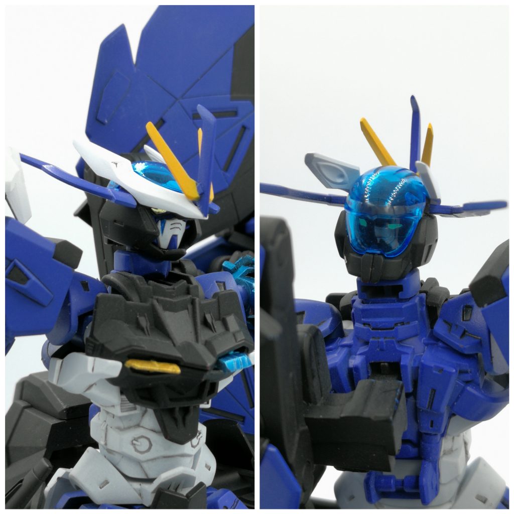 右の頬にはダブルオーダイバーエースに受けた傷をそのまま残して、クラウンのようなメイクになるようにしてみました。
(映像ではそのような頬に傷を受けるような模写はありませんが、脳内設定で付けてみました。)

後ろの顔もラピーテープでカメラアイをハッキリさせてます。