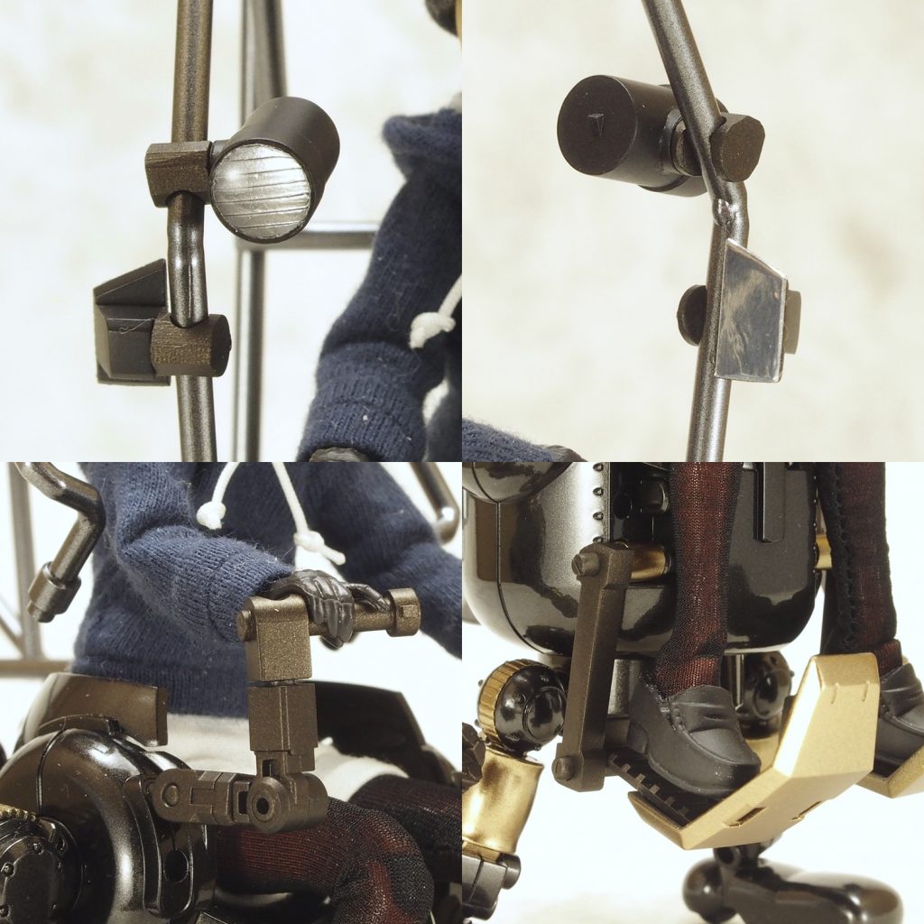 ♣ヘッドライト、バックミラーのジョイント部は
コトブキヤの汎用ジョイントパーツを切り欠いて整形。
他はプラ板工作。
♣ヘッドライトの正面はエバグリの段差付きプラ板に銀塗装してから
UVレジン液を激盛り。
作業の段取りがまずかったのであまり綺麗とは言い難い。
今後は工夫が必要。
♣バックミラーはアルミテープがなんかキッタナイし、大失敗。
♣ハンドルはMSGジョイントセットA、フレキシブルアームBと
HGBCダークマターブースターのジャンクパーツにプラ棒などで構築。
♣ペダルはHGIBA MSオプションセット9のレギン用肩アーマーが
2セットあったので使用。
このパーツ実は左右非対称なので対称になるように若干整形。
ペダルアームはプラ材工作。
軸の端にテキトーなディティールパーツ貼り込み。
*◆アクション!*