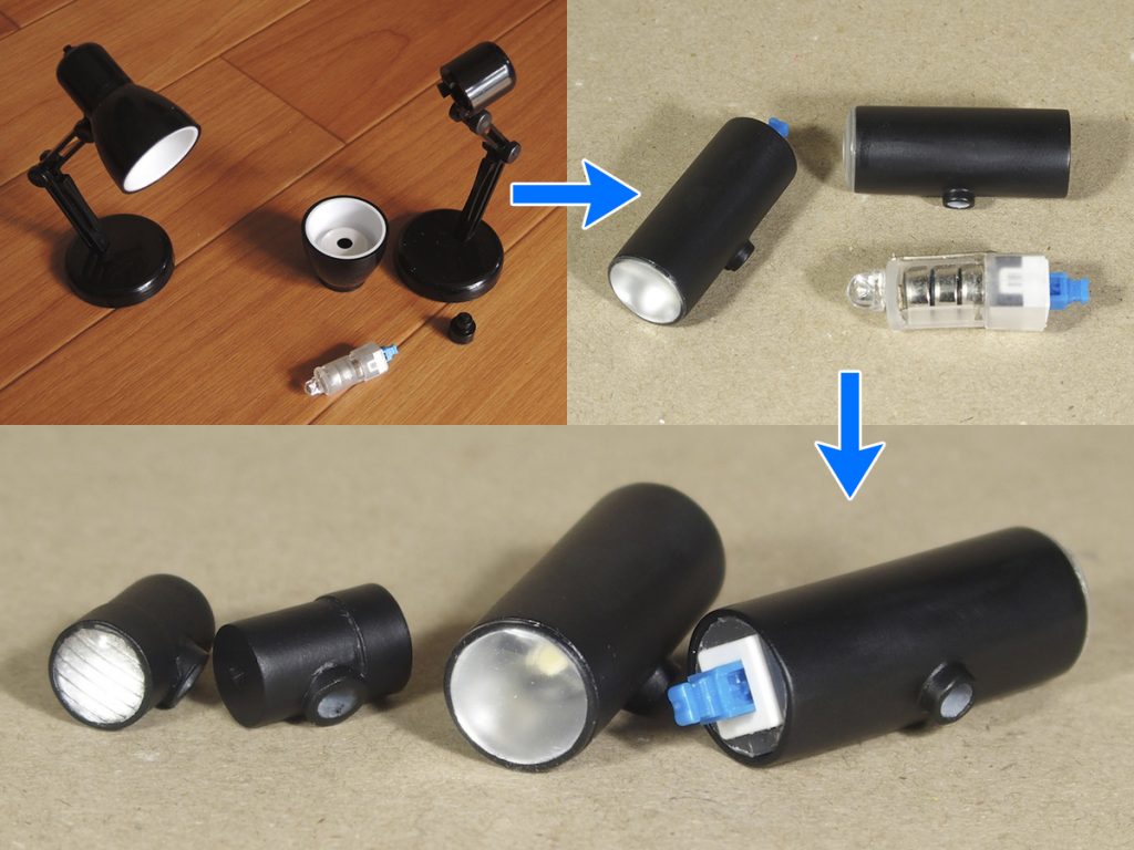 以前ダイソーで幾つか購入したミニライトを使います。
LED・バッテリー・スイッチが1ユニット化されてるので
扱いやすいのです。
ボタン電池はちゃんと交換可能ですし。
プラ板などで作ったケース。後ろが空いているので
LEDユニットを突っ込むだけです。
レンズはUVレジン液。こんだけデカくて厚いと気泡を潰しきれない。
一応光の収束効果はあるようです。
最初に作ったダミーライトと比べると超デカい。
デカいので顔の近くにあると大変な圧迫感なのでケージ上部にマウント。