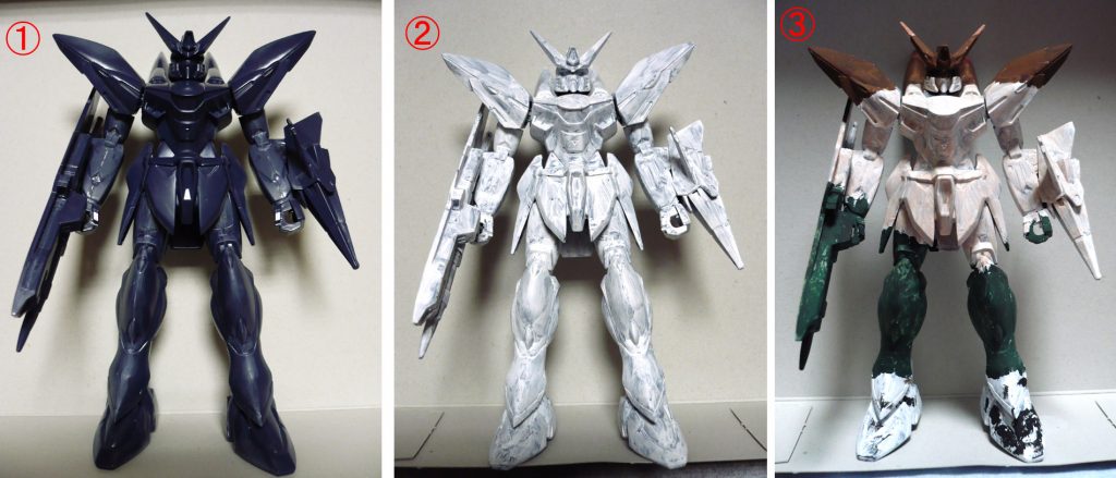 いつもの塗装段階紹介です。
1・素組み状態です。合わせ目が多くて消すのが大変でした。
2・アクリルガッシュの白を筆塗りしました。
  表面処理(エタノール拭き取り)を忘れたのでムラだらけですねぇ。
3・背景の写真にキットを重ねて目安になる色を塗りました。
昨年(2018年 秋頃)キットを購入していて
いつかミラージュコロイド風塗装を試してみたいな~と考えていたのですが
SEEDコンテスト開催のこのタイミングで製作してみました。
塗装に費やした時間は…4~5時間だったので
普段のイラスト風塗装より遥かに短いです。
でも、これ以上手を入れるのも無理かと思いました…未熟。
もし、次回ブリッツガンダムのミラージュコロイド塗装に挑戦するならば
HGシリーズのキットを使って、宇宙空間背景で試したいです。
…多分、やりませんけど。
最後までご覧いただきありがとうございました。