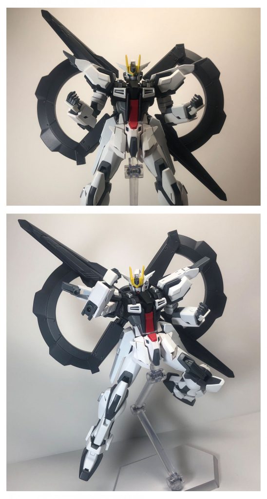 ーーーーーーーーーーーーーーーーーーーーーーーーーーーーーーーー
形態解説：「Infinityフェイズ」

ストライカーパックが「∞」字形状に変形した形態。背面に形成される円が二つになったことで、「ヴォワチュール・リュミエール」による粒子回収・エネルギー転換の効率が上昇する。生成されたエネルギーは推進力の他、機体本体動力にも使用され、機動力・格闘能力などのスペックアップが確認されている。ただし機体への負荷も大きく、オーバーヒートを起こし兼ねないため、制限時間が設定されており3分ほどで通常形態に戻る。
ーーーーーーーーーーーーーーーーーーーーーーーーーーーーーーーー

「S」字になったバックパックをもう少し変形させて「∞」字にしたモードです。
無限大...なんだか強そうなので、強そうな設定にしました。（安直）
SEED世界におけるトランザムといった感じです。

パイロットを強化するSEEDフェイズと
機体を強化するInfinityフェイズ。
２つの強化を駆使して戦う機体。というイメージです。