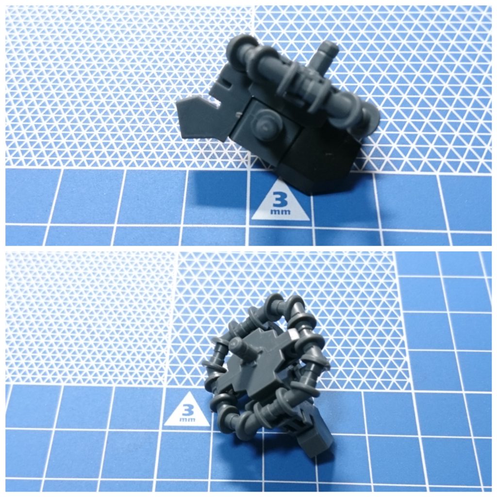[腰パーツ]
天空十字剣の装着について、中心のリング状ジョイントが腰パーツに綺麗に入りました。脚の付け根部分の後ろ側は固定のため装甲パーツを部分的にカットして装着しました。
