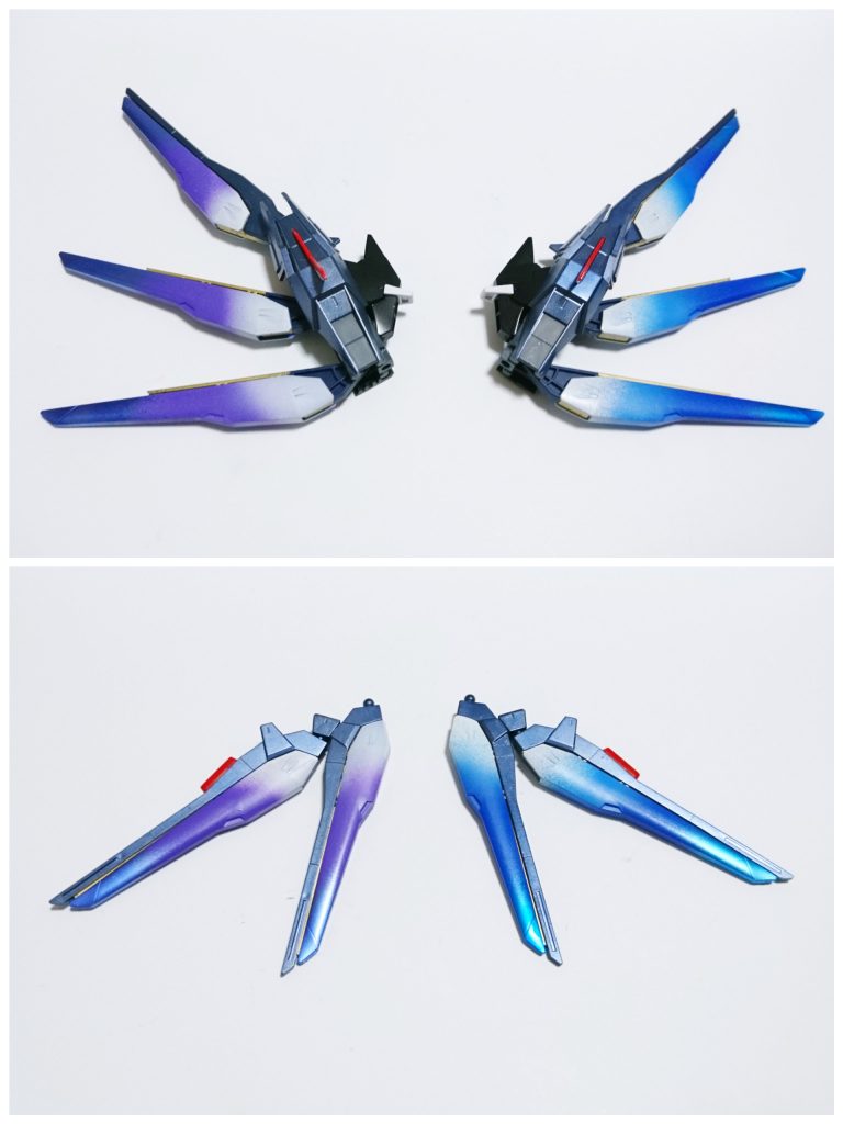 [ウイング塗装]
右翼…ホワイト、パープル、メタバイオレットでグラデーション。
左翼…ホワイト、ブルー、メタブルーでグラデーション。
バックパック直結のドラグーンは基部を２つ合わせました。