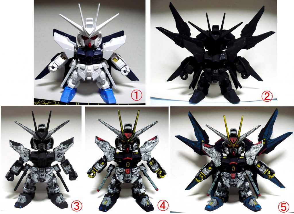 塗装段階の画像です。

１・素組みです。ゲート処理・接着合わせ目消しだけの工程です。
２・アクリルガッシュを筆塗りで真っ黒に塗り下地としました。
３・今回は濃いグレーから色を乗せていきましたが
　　見事にディアクティブモードが再現できました（笑）
４・ディアクティブモード状態から少し色を乗せました。
５・機動兵装ウイングを取り付けて塗装を進めました。
　　この後にハイライト等の色を加えて完成です。

最後までご覧いただきありがとうございました。