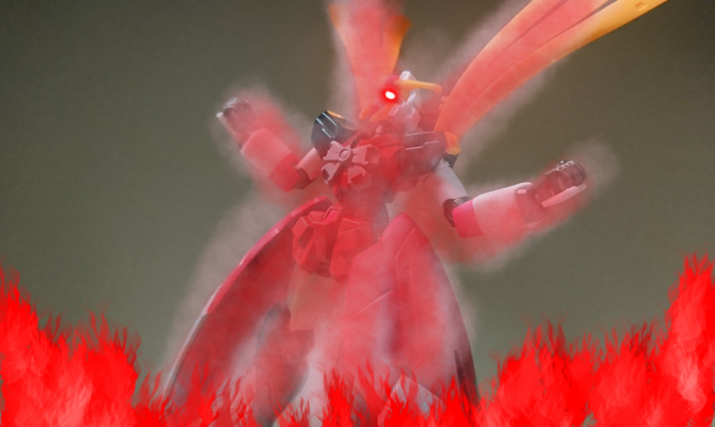 **オラァァァァ!!ビルドブーストォォォッ!!!**
**テメェらまとめて地獄行きじゃあああ!!!**
・バーサーカーモード
原型機のノーベルガンダムから受け継いだシステム。
ビルドブースト発動と同時に自動的に発動する。
発動時のパトラは普段からは考えられないような、狂暴で好戦的な性格に変貌し、口調も荒々しく、戦闘スタイルもビームサーベルや拳を使った野性的な物になる。
元々殴り合い=ガンダムファイトを前提に設計されたノーベルがベースな上に、ビルドブーストによって強化されている為、その戦闘力は計り知れない物になる。