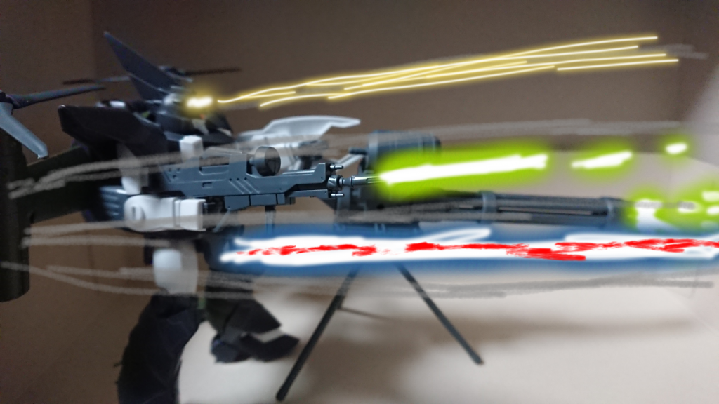 **チリ一つ残さん………消えろ!**
・ハイマットフルバースト
上記のビームメガガトリングを含む、射撃武器を全て使った一斉掃射攻撃。
元はフリーダムガンダムやストライクフリーダムガンダムに搭載されたマルチロックオン攻撃であり、本機もそれに準じている。
並びにビルドブーストにより弾丸の制限が無くなっている為、ニバルが止めない限り永遠に弾丸を吐き出し続ける。