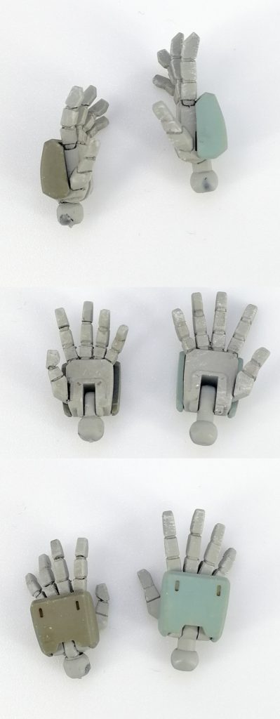 ビルドナックルの平手はとても使い勝手が悪いので指を調整。右はサイズ違いの無加工手