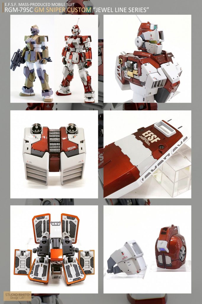 ■左上：ぱち組との比較

■右上：上半身

■左中：バックパック

■右中：シールド
　・左右にはプラ板でスクラッチしたトラス形状の装飾を設けました。
　・塗装はエナメルを利用したエングレービング技法

■左下：ウエスト装甲裏打ち塗装

■右下：頭部フェイスカバーオフ状態