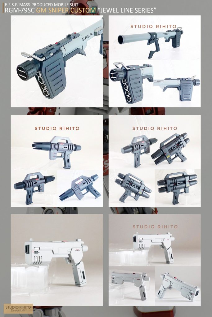 ■ウェポン
・全て丁寧に工作・塗装を施しました。
・ロングレンジライフルの下側は冷却用のシイタケを工作済
・小さいハンドガンは銃口をスクエアに変更。合わせ目処理とディテールを全て彫り直し、スリット内はシルバーカーボン調仕上げ