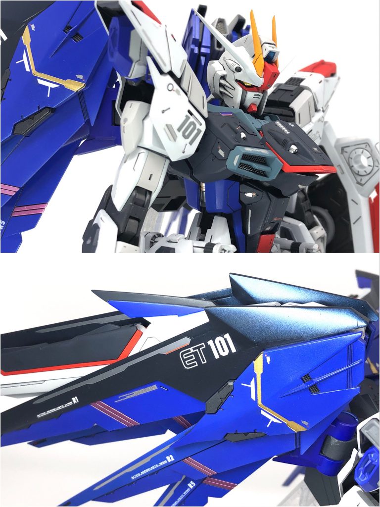 胸部部分＆ウイングへの偏光表現

今回の特徴の１つとしてウイングの黒い部分へはガイアのプリズムブルーブラックを吹き偏光パール仕上げにしています
黒→青に変わっているのが確認出来るかと思います