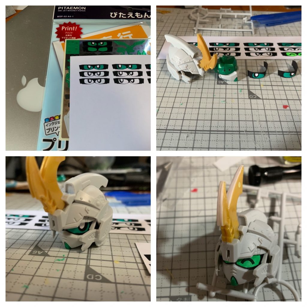 印刷できるマグネットシートで瞳の差し替えを作成しました。
また、カクレ形態のときに綺麗にツノが閉じられるように、合わせ目の整形し、さらにぴったり閉じるようにネオジム磁石を仕込みました。