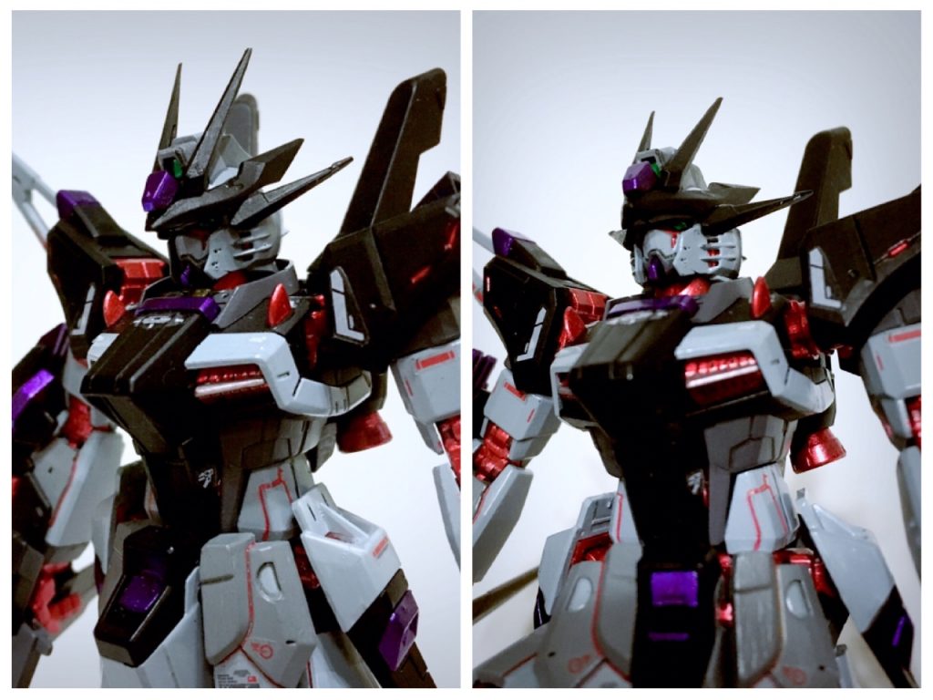 初めてのRGということで改造ポイントはすくないです。頭部のひさしはノーネイムのもの。そこに元々のアンテナの方向を変えて付け、ビルダーズパーツのアンテナを横に追加。頭部全体のイメージが変わりました。Dエクステンション(ノーネイムユニット)はフラッシュエッジの装着部とビーム発生部を利用して着脱可能にしています。