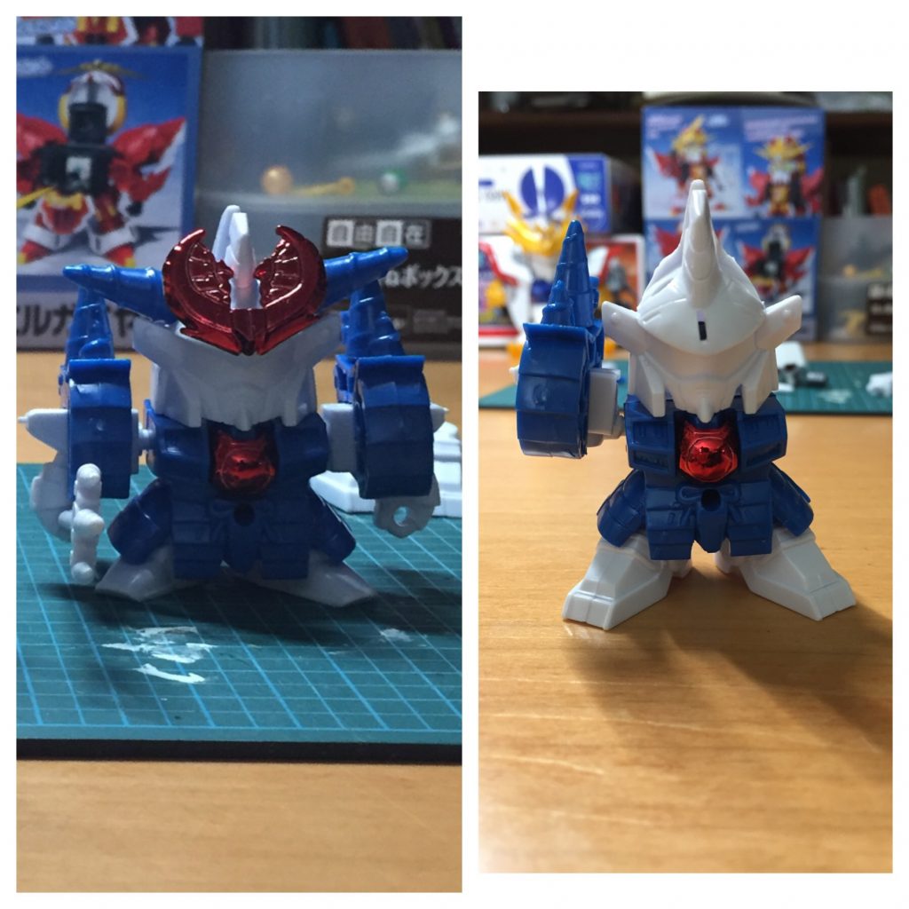 左が素組みで、右が改修し始めの写真。
足は獣破頑駄無の物に交換してます。