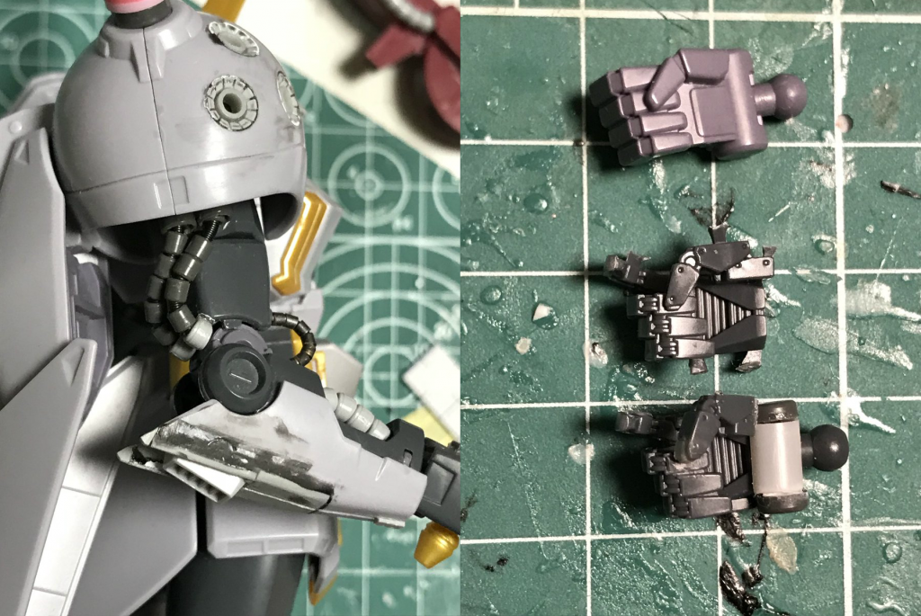 こだわった腕部の改造部分。 肩からのパイプはスプリング、内肘のパイプは手芸用の糸で可動に追従します。
肩ミサイル口にはビルダーズパーツスラスター内部パーツを使い、肘はプラ板で整形しました。
何故か指が指に埋まっているビルダーズパーツMSハンドを切り貼り、パーツ追加で設定に近い物へ。