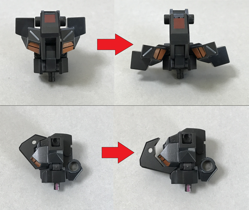 ボディは3方向に割れます。
①左右に展開
②前面のパーツを倒して隙間を作る。