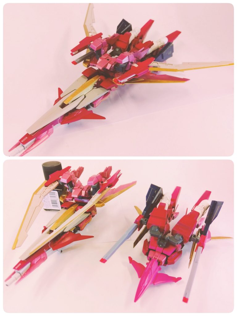 上がフォートレスフライヤー、下が２つ並べた時です。フォートレスフライヤー時はブレイブブレードをちゃんと翼として展開します。フォートレスフライヤーとても長いんですよね。写真だとそうでもないですけど実際に持ってみると長いんです。基本的にこの機体の変形は万歳＼(^o^)／して上下さらに長くするだけなので本当に長いです。1.5倍くらいあります。