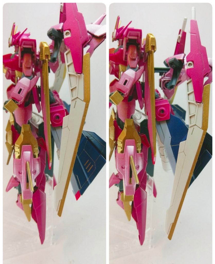 ブンドドショットの2つの写真はバックパックのＧＮドライブの位置が実は異なっていました。アングル的にちょっと分かりにくいですよね。
ウイングのバックパックにダブルオースカイのバックパックと接続基部を移植しているためラッシュポジションに出来ます。ＧＮドライブを本格的に稼働させるときはこの状態になるという設定です。(位置の変化が出来ることで同じポーズで二度おいしくなるからというのが本当の理由)