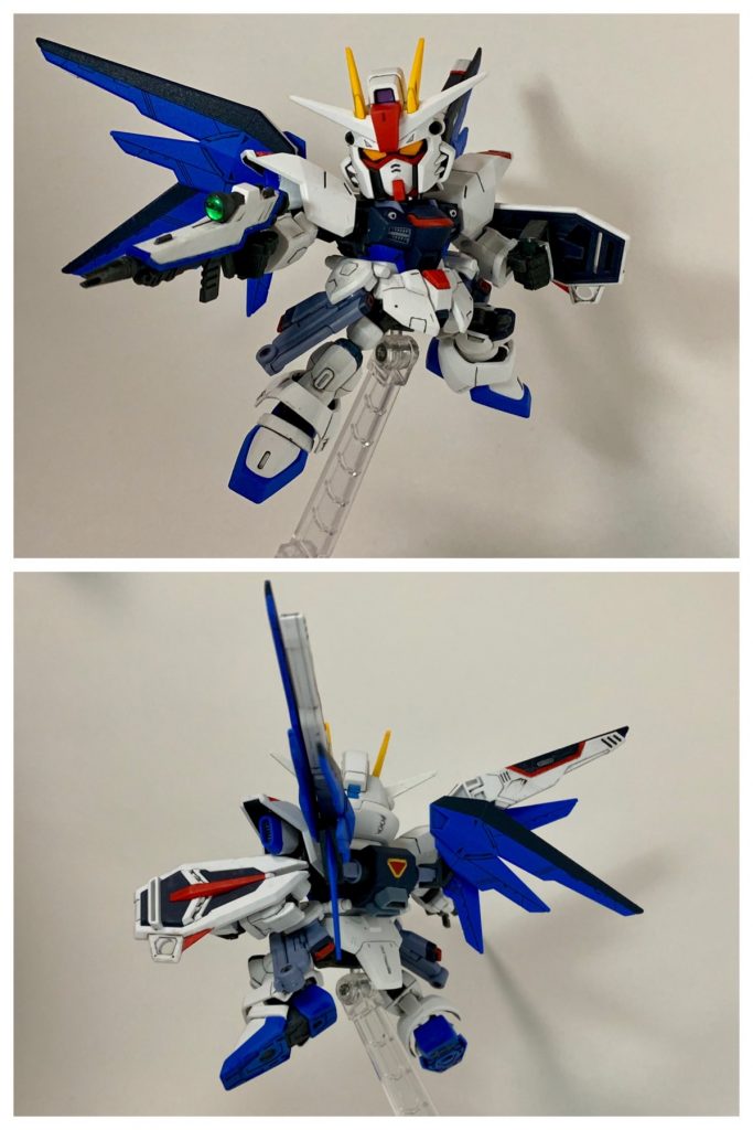 ## 制作工程
今回はプロヴィデンスに時間を使ってしまったので、フリーダムは簡単仕上げで。過程の写真も撮ってませんでした。
基本的にCSフレーム適用の素組みです。
足裏と上腕部、アンテナ裏は肉抜き穴のパテ埋め、すねアーマーは合わせ目消しをしています。
塗装はアクリジョンの筆塗り部分塗装で仕上げました。
クロスシルエットは色分けがいいから塗る箇所はそんなにないかと思ったけど、よく見ると割とありますね。特に、バラエーナ、バックパック、レール砲の先端後端なんかはシールも付属していないので塗りどころですね。関節やアーマー裏をグレーで塗るのも効果的。
ツインアイは蛍光イエロー+蛍光レッドで塗って、ブラックライトで光るようにしています。メインカメラも蛍光ブルーで塗りたかったのですが、塗料を持ってないので付属シールです。光らない。
ガイアノーツは蛍光ブルーを出してますけど、クレオスはなし。他の色と比べると難しいんですかね?ラインマーカーでも青系は他のピンクなどと比べて光り方が弱いし。
ビームライフルのセンサーは奥を蛍光グリーンで塗って、その上にたっぷりUVレジンを盛って凸レンズ状にしてみました。光ります。
トップコートは水性プレミアムつや消し(スプレー)