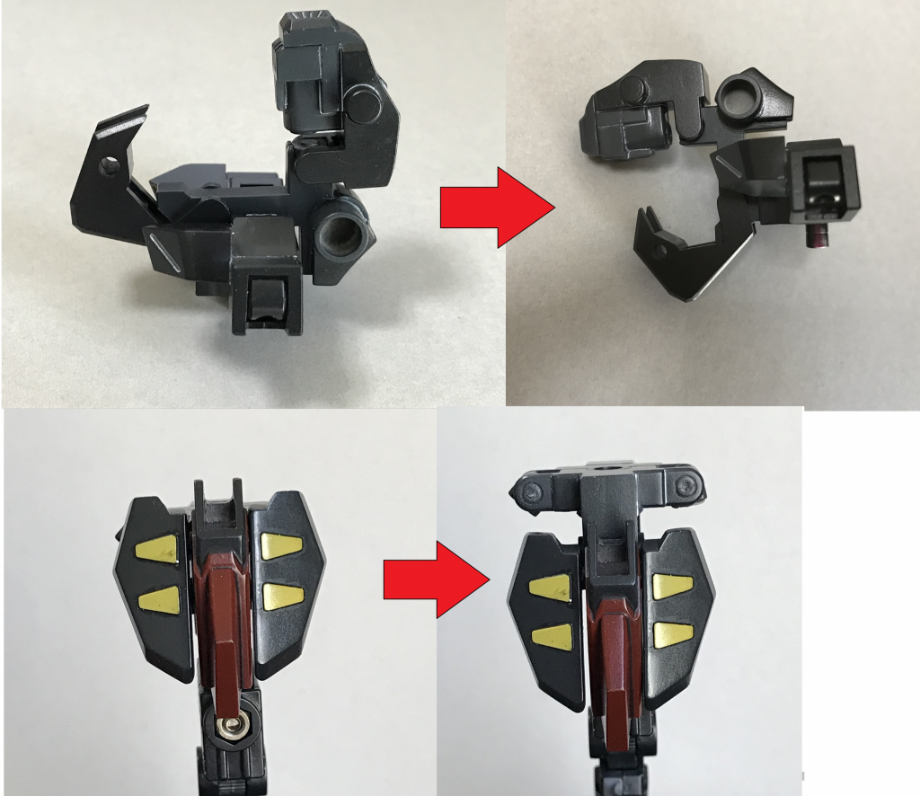 ③内部パーツを持ち上げて後方(バックパック付け根)ごと前方に持っていく。
④フロントアーマーを下方にスライド(ネオジム磁石で固定されています)