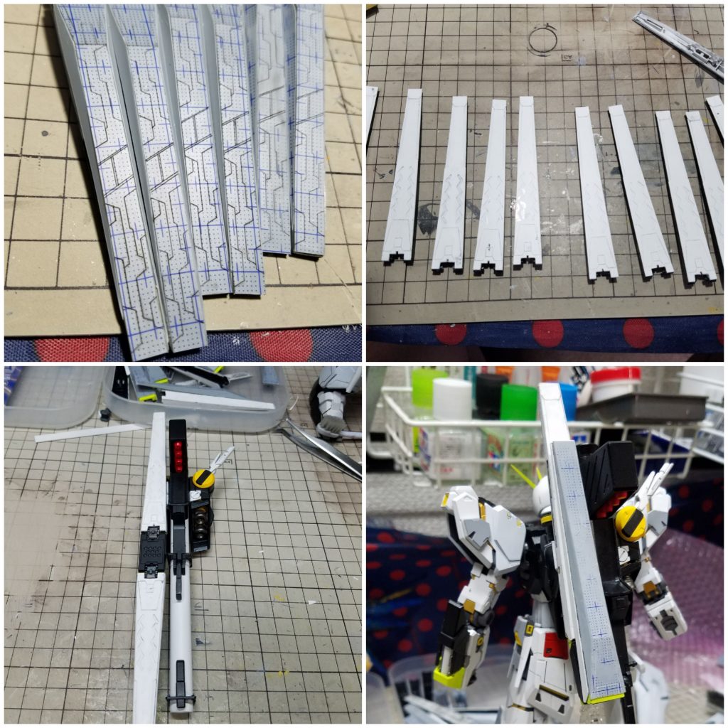 フィンファンネルはプラバンにスジを入れ込み、張り付けました
プラバン分が厚くなるので、ペラペラになるまで本体を削りました