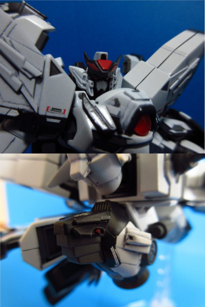 頭部はツノをスクラッチしてイメチェンしています。
バード形態の機首はクロスボーンガンダムに登場する「クァバーゼ」や「コルニグス」の頭をモデルにして作りました。
余談ですが、機体名を考えていた時にカラス座の別の呼び方にコルニクスがあることを知り運命を感じました(笑)