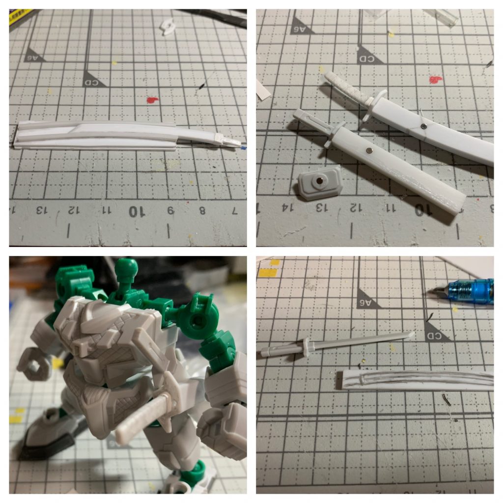 追加武装その1
刀と鞘をプラ板等で作成しました。鞘とサイドアーマーにネオジム磁石を仕込んで装着できるようにしています。
