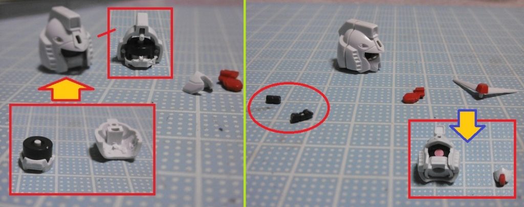 ガンダムの頭部を刳り抜き、ザク側もその幅に合わせて加工し接着。ガンダムの一体型ツインアイからマスク（への字部分）を切り取り、赤い口を接着。後にモノアイ側に接着する際に干渉箇所が多いため、接着面を平らに均しています。そのままだと幅が干渉してしまうので、マスク幅に合わせて頬を加工。横から見るとモノアイ周りはスカスカ。
ＨＧＵＣ最初期のを選んだのは、頭部が前後分割で状況確認し易かったため。左右分割や一体型だと簡単には行かず、空間認識能力を問われるかと

にせガンダム化で重要な動力パイプは、接着強度の問題を考慮して諦めました。無理して失敗すると後戻り出来ないため「ヘルメットにパイプが内蔵されている」設定を追加。ＳＥＥＤ期ならドムトルーパーのように、パイプ無し頭部は見かけられますので、表面に露出していなくても多分大丈夫だろうと思います。頭に動力パイプが無ければ「にせガンダム」ではないかもしれません。その意味でも偽者なのです。一見ただのモノアイガンダム