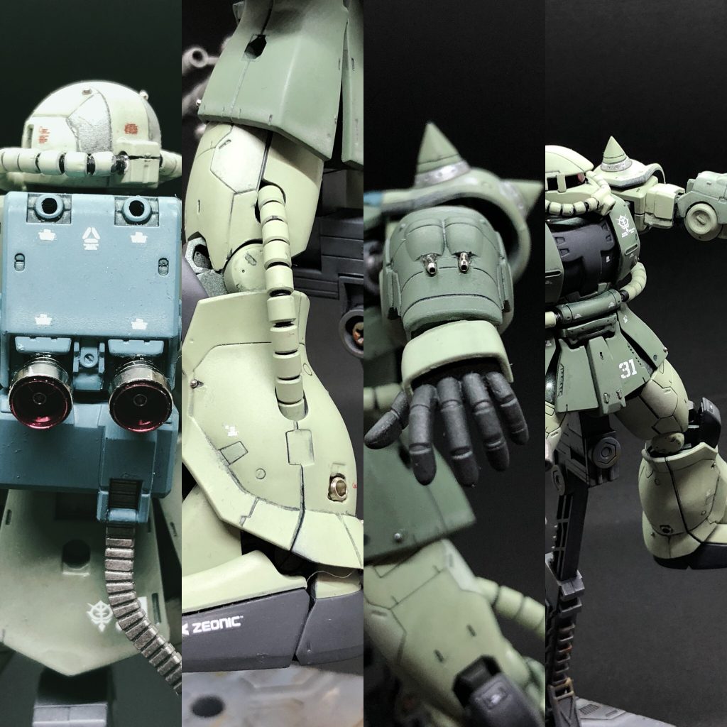 各部位のショットです。バーニアや左腕固定武装のマシンガンは金属パーツに、動力パイプはプラ材、スプリング、半田線に置き換えています。