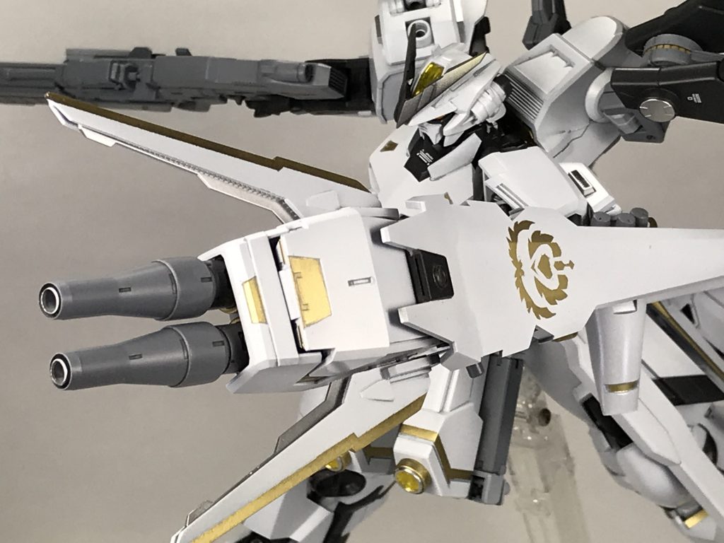 ・シールド型2連装ビームライフル

  見た目はシールドの形をしているものの、実質的にはビームライフルとして運用されている武装

  1門あたりの威力の低さを2連装型にし同時発射する事でデメリットを補い、腕全体で保持する事により取り回しの良さを実現している