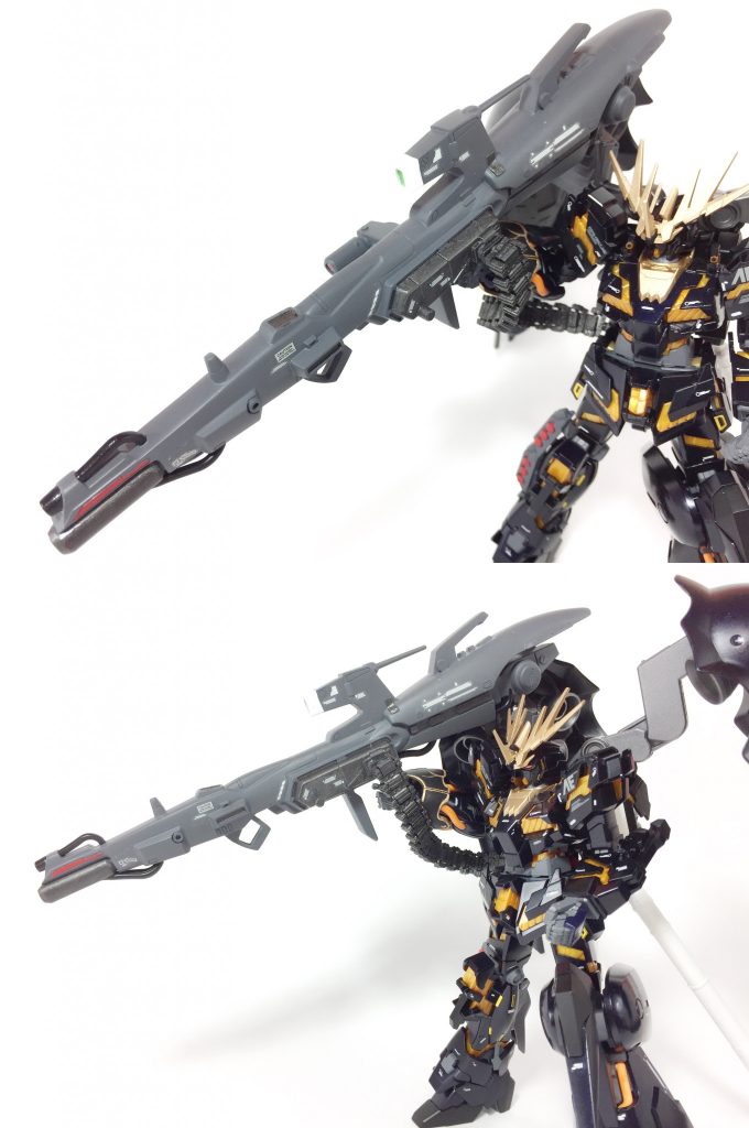 ## ハイパーメガカノン
元来は第一次ネオジオン抗争時にZZガンダムの為に用意された大型火器。
だがZZガンダムとの調整が間に合わず装備されなかった。
装備されないまま第一次ネオジオン抗争が終結した為、そのままネェルアーガマに保管されていた。
本装備はバンシィ・クルス用に調整された以外は宇宙世紀0089年当時の性能のままではあるが7年経った宇宙世紀0096年においても一線を画す強力な大型火器である。