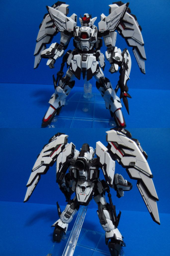 各部デザインはMGエピオンを参考にしつつアレンジを加えました。
可動範囲については、腕90°、足は二重関節なので90°以上曲がります。
バックパックにバー二ア、羽に放熱フィンを増設して機動力を底上げしています。
羽はエピオンのものだと薄過ぎたので、プラバンでスクラッチして厚みと段差を作りました。加工からディテールまで一番力を入れて作ったこだわりポイントです!
それでは武装説明に入ります。